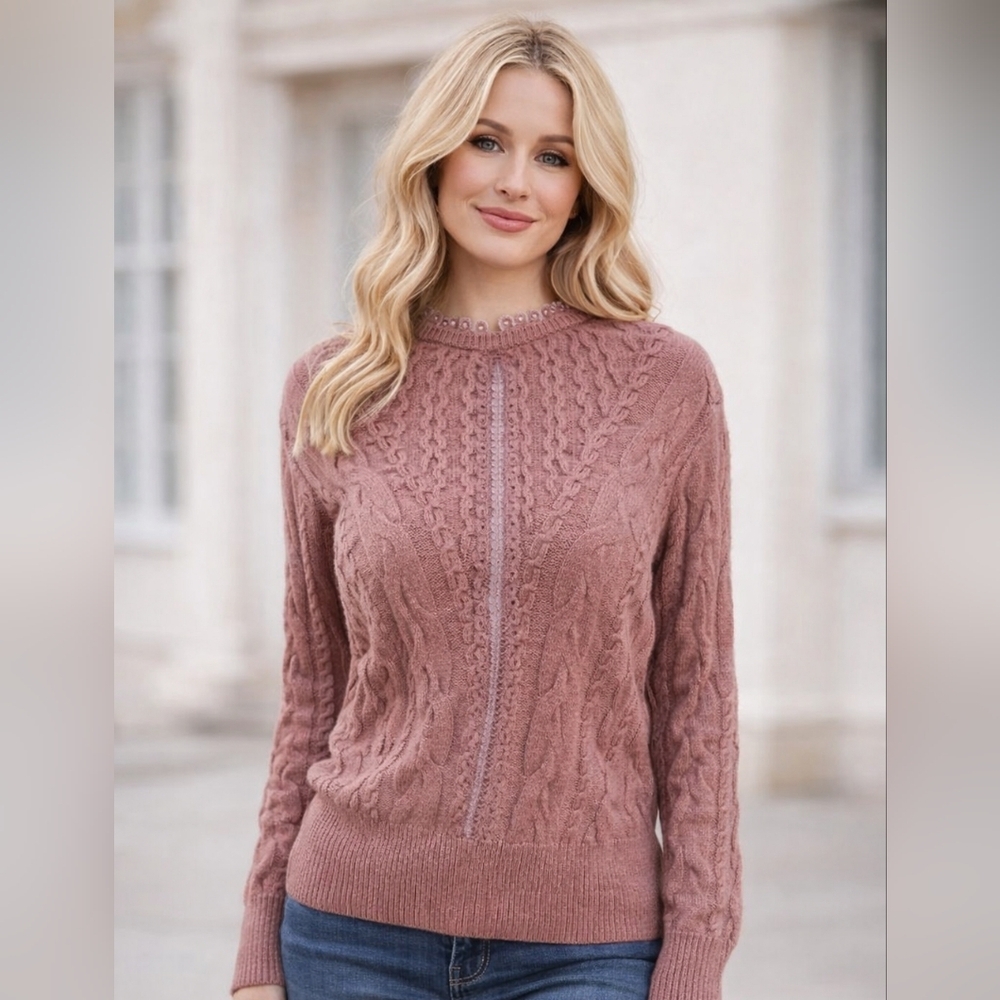 NWT Express Cable Knit Lace Trim Sweater – Dusty Rose Pink Size S